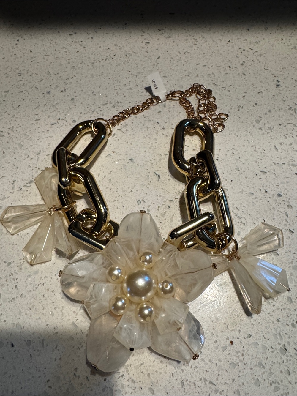Gold Chain Necklace with Cream Floral Pearl Pendant